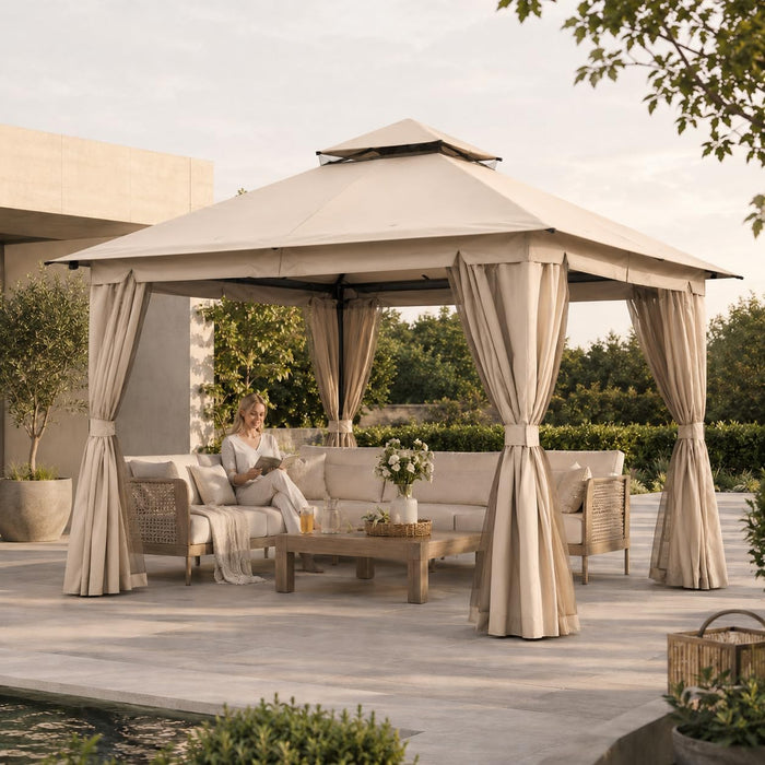 10'X10' Outdoor Gazebo, Heavy Duty Metal Patio Canopy Tent Shelter with Double Roof, Mosquito Netting & Privacy Curtains for Backyard, Garden, Deck, Lawn, Khaki