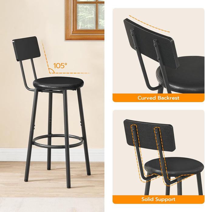 Bar Stools, Set of 2 Bar Stools with PU Upholstered, Bar Chairs with Footrest and Back, 26" Bar Stools for Kitchen Island, Dining Room, Easy to Assemble, Black BK31BY01G1