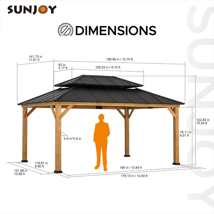 12 X 16 Ft. Wood Gazebo, Outdoor Patio Hardtop Gazebo Cedar Framed Wooden Gazebo with 2-Tier Metal Roof, Suitable for Patios, Lawn and Backyard, Matte Black Roof + Gray Wood Frame