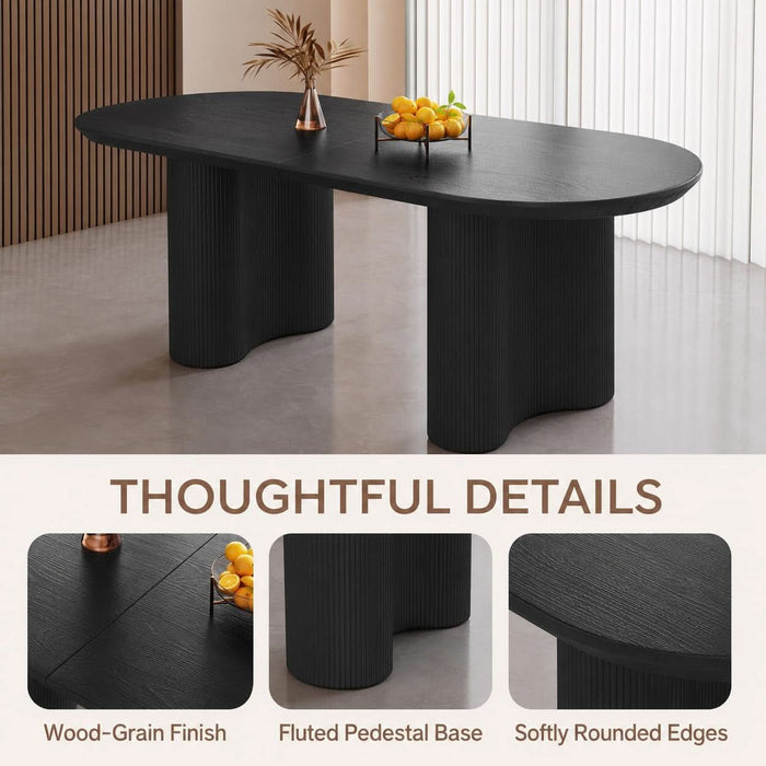 63-Inch Black Oval Dining Table for 4-6 People, Modern Kitchen Table with Thick Engineered Wood Top, Fluted Double Pedestal Base, Rounded Edges, Table Only
