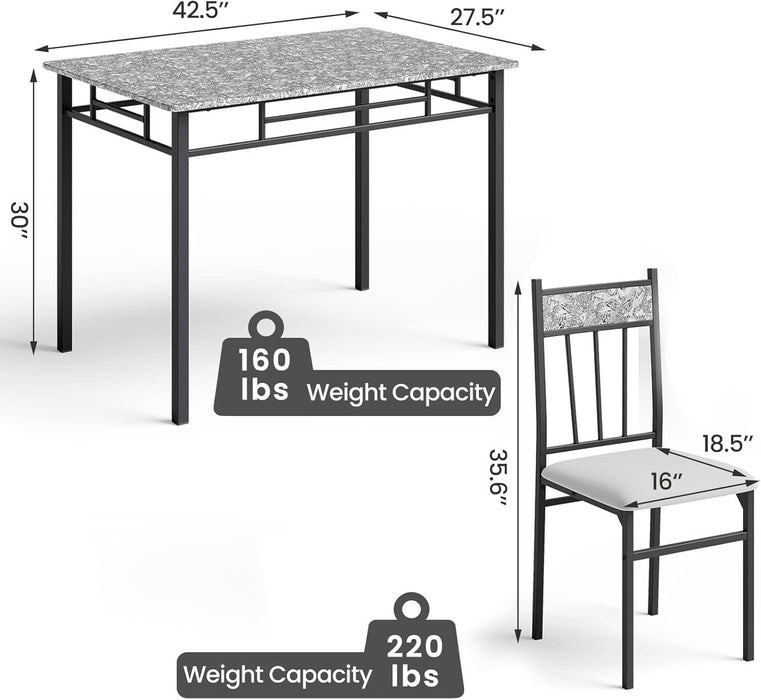 5 Piece Dining Table Set for 4, Faux Marble Kitchen Table and Chairs Set of 4, Vintage Rectangular Dining Room Table with Cushion Padded Seat, Metal and Wood Dining Set Kitchen Furniture, Grey