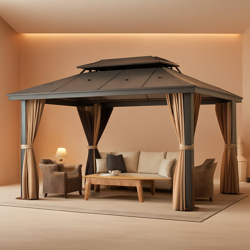 12x16 Brown Gazebo Polycarbonate Roof Aluminum Frame