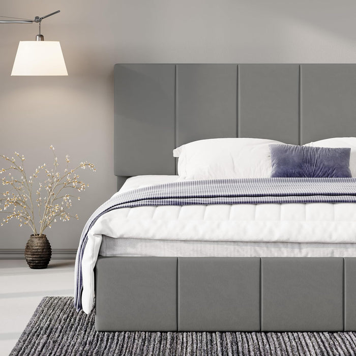 King Size Dutch Velvet Upholstered Platform Bed Frame/Vertical Channel Tufted Adjustable Headboard/Low Profile Bed Frame/No Box Spring Needed/Easy Assembly/Grey