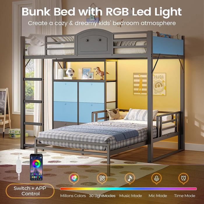 Bunk Bed Twin over Twin with 6 Storage Drawers for Kids Teens,Metal Led Loft Bed with Bedside Storage,Safety Guardrails for Small Space, No Box Spring Needed, Grey