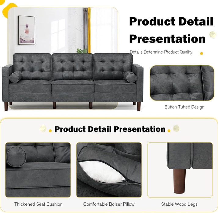 2 Pieces Faux Leather Sofa Set with Bolster Pillows,Tufted 3-Seat Sofa and Loveseat Couch with Wooden Legs, Upholstered Living Room Set for Living Room, Office, Grey