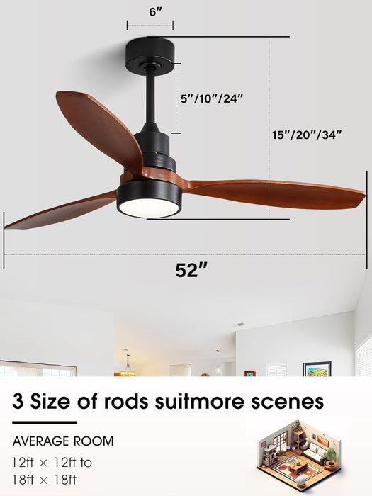 Ceiling Fan with Lights, 52 Inch Low Profile Flush Mount Mordern Wood Ceiling Fan with Remote for Indoor Farmhouse Bedroom Living Room Outdoor Patio Porch, Reversible DC Motor, Noiseless