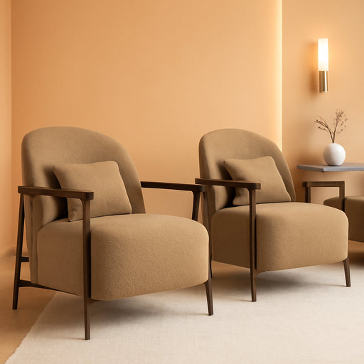 Accent Chair for Living Room Set of 2, FSC Certified Modern Upholstered Faux Sherpa Fabric Armchair with Metal Frame and Wooden Armrests, Camel