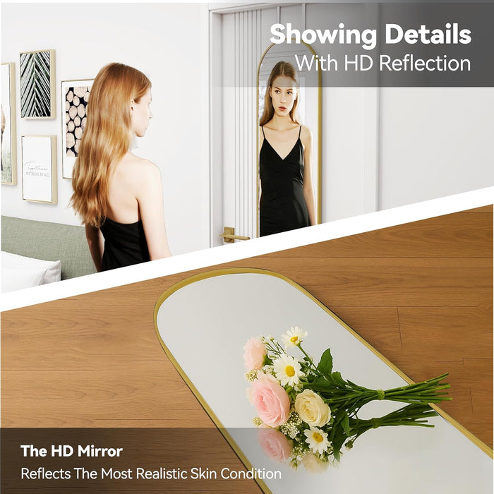 57X16 Door Hanging Full Length Mirror, Floor Stand (Height 5.7Ft Just Body In1.3Ft) / Wall Mounted Metal Frame Arch Dressing Mirrors for Bedroom Living Room 57 Inch Gold