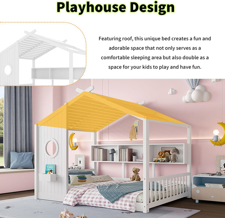 White Full Size Floor Bed Playhouse StorageShelves