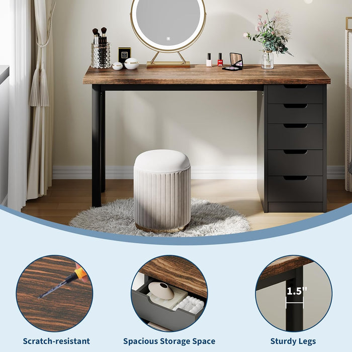 Computer Desk with 5 Drawers, 47 Inch Modern Simple Study Writing Desk with Storage, Rustic Home Office Desk, Reversible Computer Desk for Home Office, Brown+Black