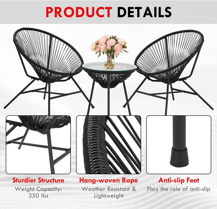 Acapulco Patio Bistro Set 3-Piece Outdoor Furniture Set All-Weather Woven Rope Patio Conversation Set with Glass Top Table and 2 Chairs (Black)