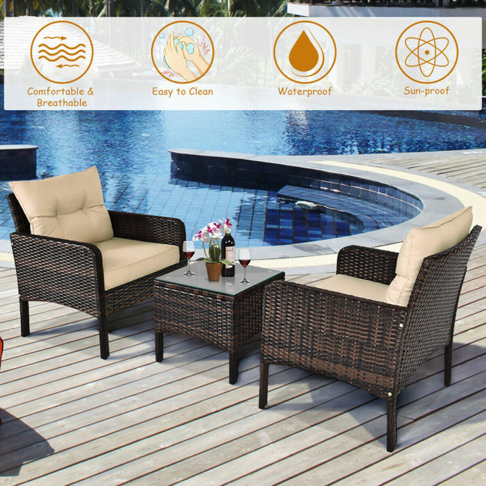 3 Pieces Outdoor Patio Rattan Conversation Set with Seat Cushions