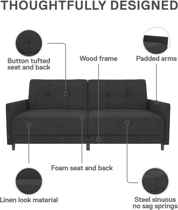 Black Faux Leather Futon Sofa Bed: Modern, Button-Tufted