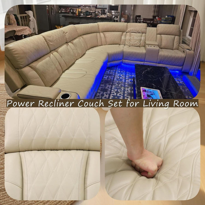Power Breathing Leather Reclining Sofa Set,Power Recliner Sectional Couch with LED Light,Sectional Reclining Couch Set with USB Port/Storage for Living Room Home Office (Beige)