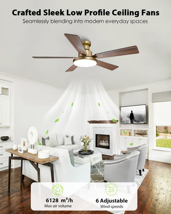 52 Inch Low Profile Gold Ceiling Fan with Lights, Modern Black and Gold Ceiling Fans with Remote/App for Indoor Bedroom, Flush Mount, 12.2'' Large 3CCT LED Light Panel, 6-Speed Quiet DC Motor