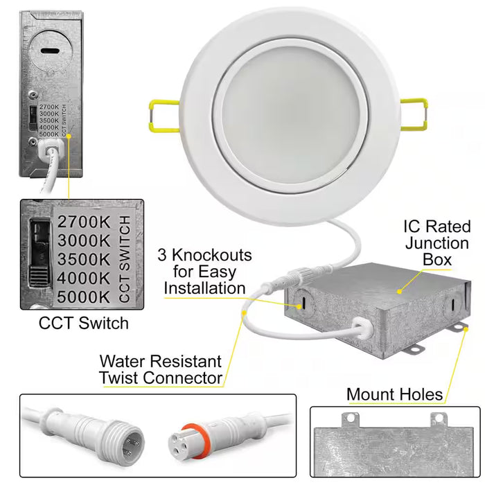 6 In. LED White Adjustable Ultra Slim Canless Integrated LED Recessed Light Kit 5 CCT 2700K to 5000K Dimmable (12-Pack)