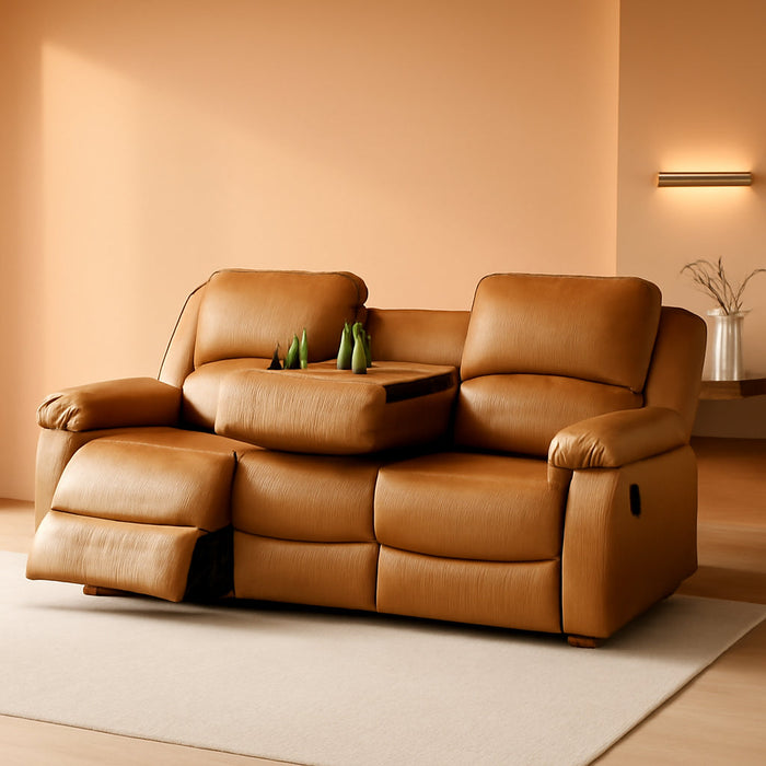 Manual Reclining Sofa 3 Seater Recliner Sofa Couch Living Room Furniture Modern Leather Reclining Sofa with Cup Holders & Flip-Down Table for Living Room/Office/Rv Car (Ginger, 3 Seater Sofa)