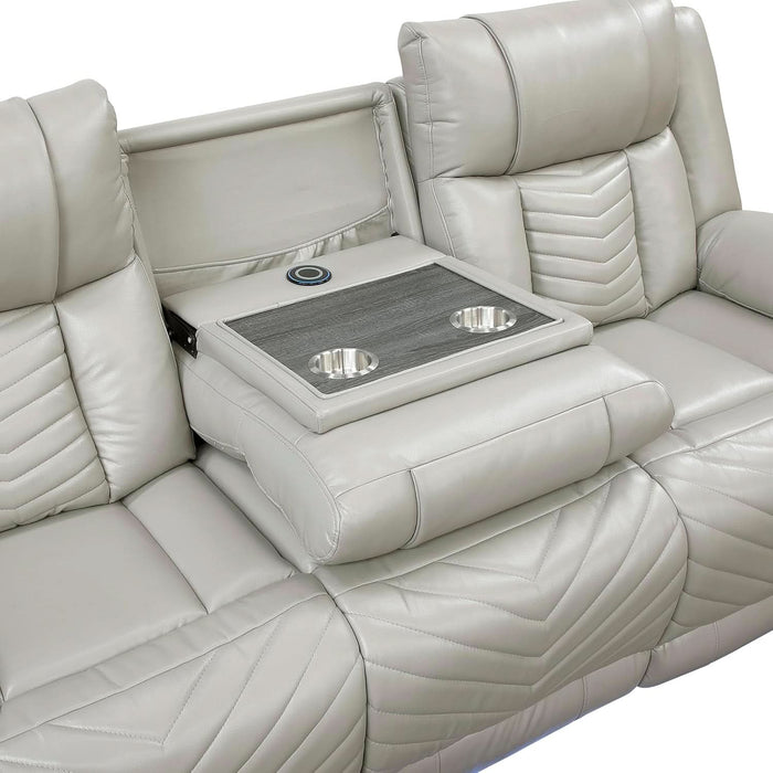 Wll Hugger Power Double Reclining Sof with Center Drop-Down Tble, Fux Lether Home Theter Seting with LED Lighting/Usb Chrging Ports/Wireless Chrger/Cup Holders, Mgzine Pocket, Gry
