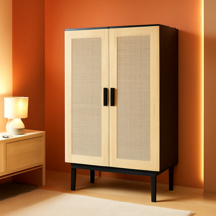 Sideboard Buffet Cabinet, Kitchen Cabinet, Coffee Bar Cabinet with 2 Rattan Doors and Adjustable Shelves, Black and Natural