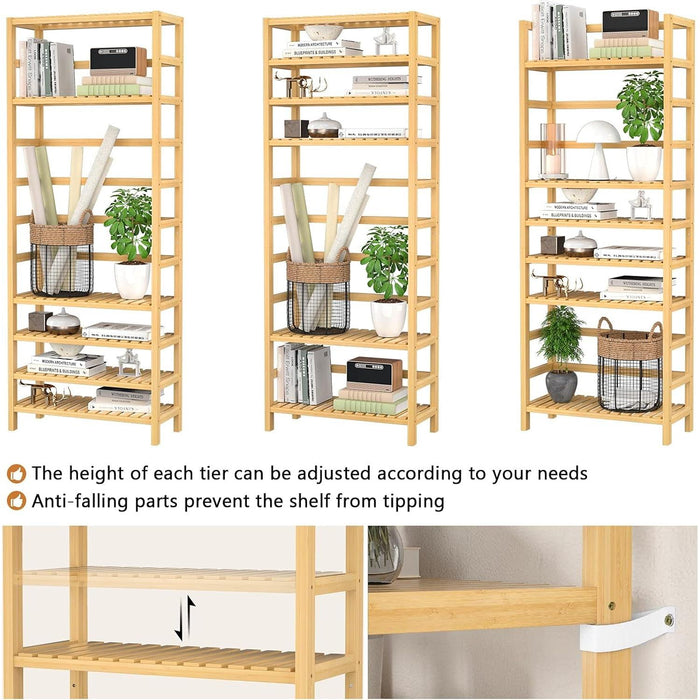 6-Tier Bamboo Bookshelves and Bookcases, Adjustable 63.4”Tall Shallow Book Shelf Organizer Rack, Freestanding Storage Shelving Unit for Living Room, Kitchen, Bathroom, Office, Natural