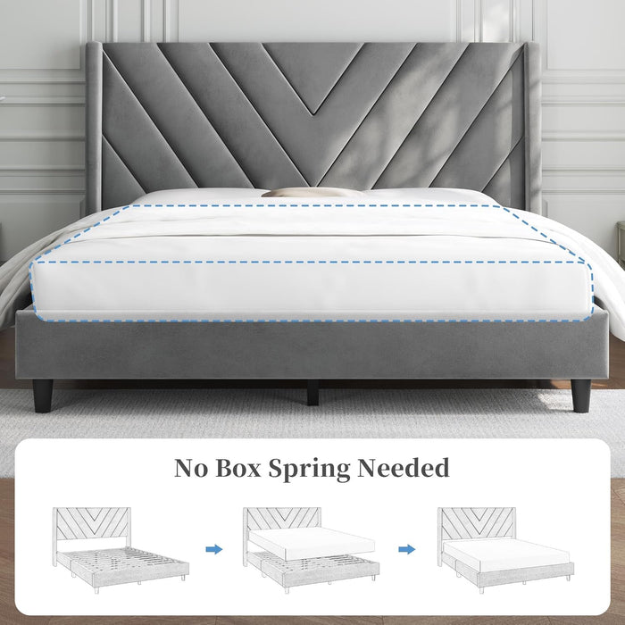 Queen Bed Frame Upholstered Platform Bed with Wing Side/Wooden Slat Support/Tufted Headboard with Wing Side/Mattress Foundation/No Box Spring Needed,Light Gray Queen Bed