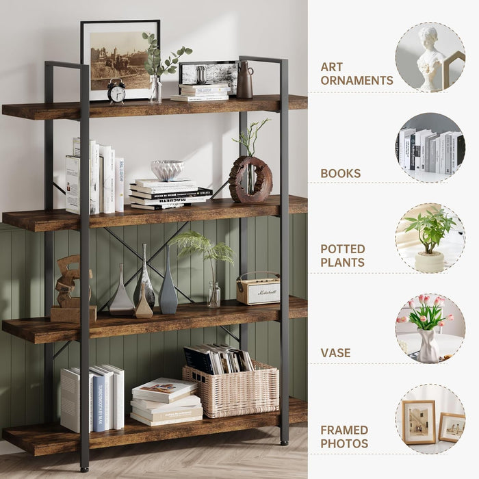 Heavy Duty 4-Tier Industrial Bookcase, 47" Wide Wood Bookshelf for Home Office, 120Lbs Shelf Capacity, Rustic Open Shelving Display with Reinforced Horizontal Shelf for Living Room Bedroom