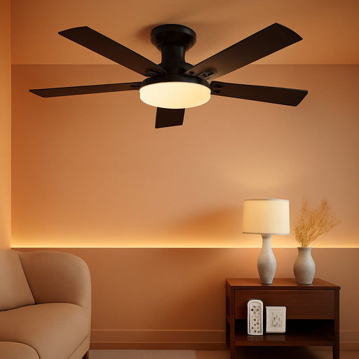 Ceiling Fans with Lights, 52 Inch Flush Mount Ceiling Fan with Remote Control, Wall Remote, Reversible, 3CCT, Dimmable, Noiseless DC Motor, Black Low Profile Ceiling Fan for Bedroom, Farmhouse