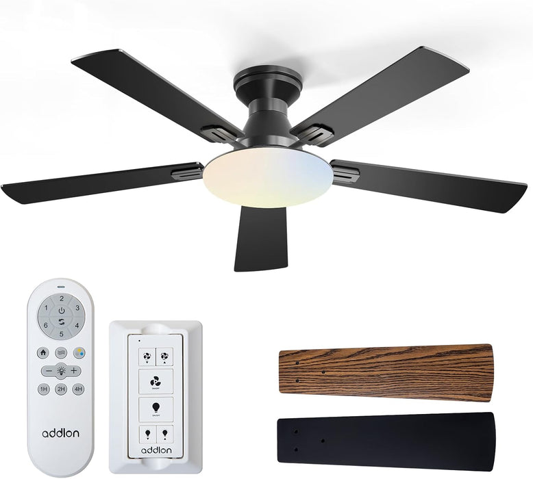 Ceiling Fans with Lights, 52 Inch Flush Mount Ceiling Fan with Remote Control, Wall Remote, Reversible, 3CCT, Dimmable, Noiseless DC Motor, Black Low Profile Ceiling Fan for Bedroom, Farmhouse