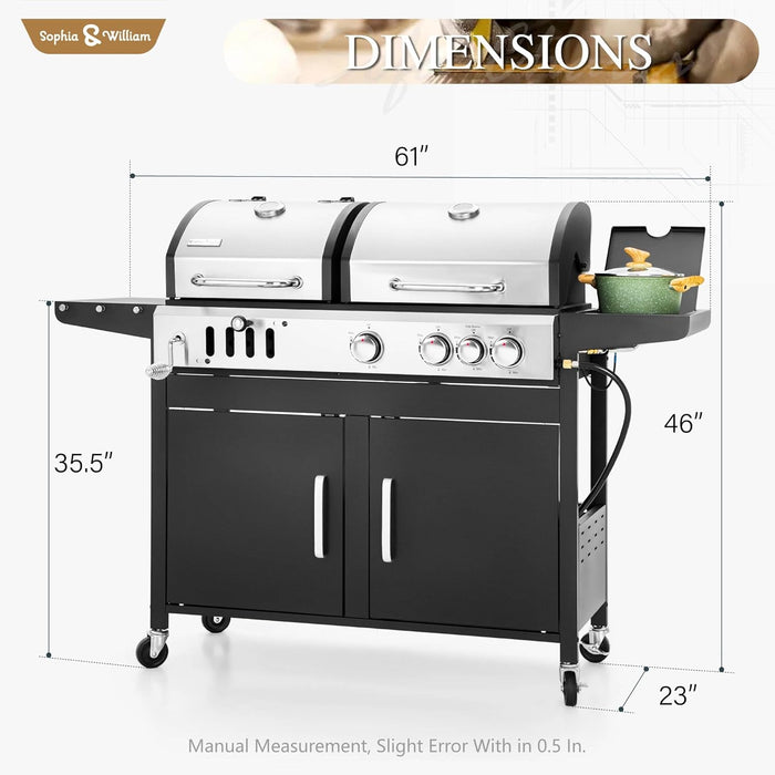 Charcoal and Propane Gas Grill Combo with Side Burner & Porcelain-Enameled Cast Iron Grate, Dual Fuel BBQ Grill for Outdoor, Barbecue Grill, 690 SQIN Cooking Area