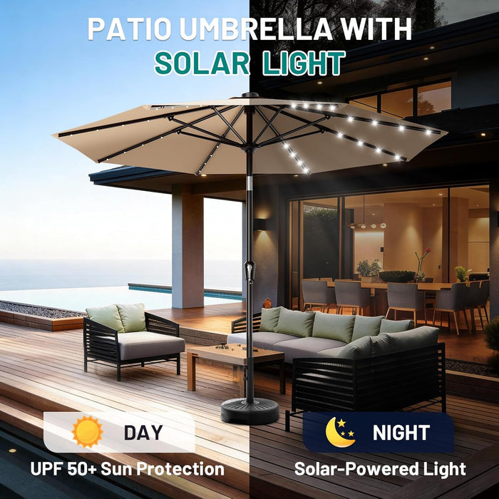 9FT Patio Umbrella with Solar Lights, 32 Lighted Pool Umbrella W/Tilt and Crank, Outdoor Market Solar Umbrellas for Garden, Deck, Backyard, Pool and Beach, Beige