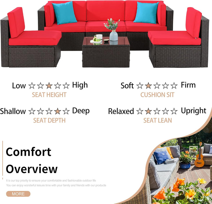 6 Pieces Patio Furniture Sets Outdoor All-Weather Sectional Patio Sofa Set PE Rattan Manual Weaving Wicker Patio Conversation Set with Glass Table&Ottoman Cushion and Red Pillows, Red