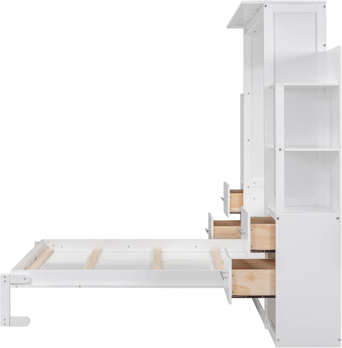 Full Murphy Bed with Storage Drawers,Led Lights and Storage Bookcase Shelves,Wood Murphy Wall Bed Cabinet for Adults