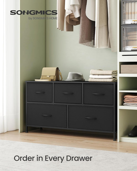 Dresser for Bedroom, Chest of Drawers, Steel, MDF, 5 Non-Woven Fabric Drawers, Storage Organizer Unit, Closet, Entryway, Ink Black and Ebony Black ULGS322B01S