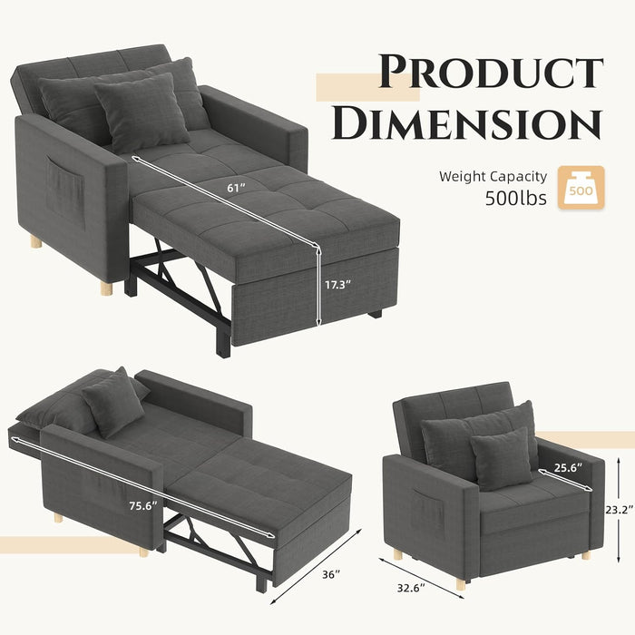 36 Inch Convertible Sleeper Chair GreyTexturedFabric