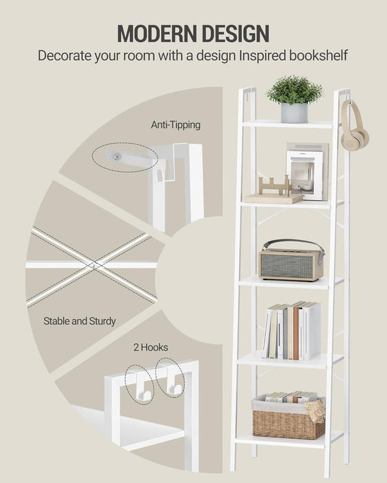 White Freestanding Industrial Ladder Shelf With Hooks