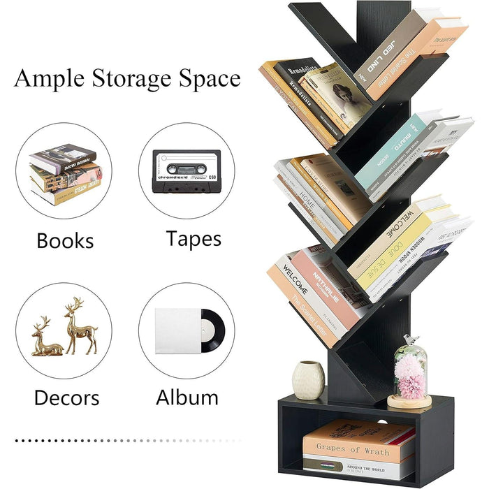 6 Tier Tree Bookshelf, Tall Bookcase with Drawer, Freestanding Book Shelf, Display Floor Standing Storage Shelf, Book Organizer Shelves for Home Office, Living Room, Bedroom, Black