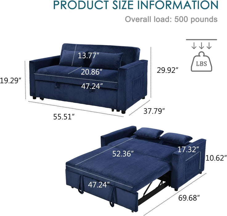 Navy Corduroy Convertible Sleeper Sofa Bed Pockets