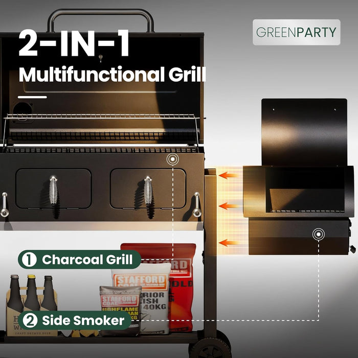 30 Inch Barrel Charcoal Grill and Offset Smoker, 1015 Sq. In. Cooking Area Outdoor BBQ Grill, Perfect for Outdoor Cooking Barbecue Patio Garden Backyard Party