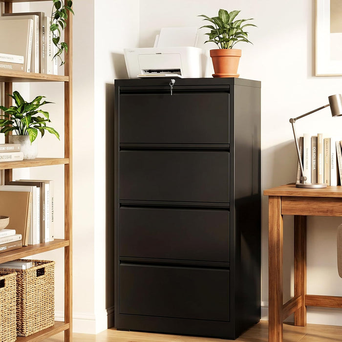 4 Drawer File Cabinet with Lock, Black Metal Lateral Filing Cabinet