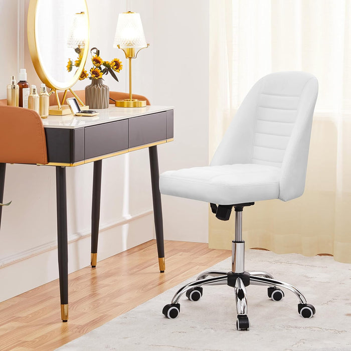 PU Leather Armless Office Chair, Mid Back Desk Chair, Computer Task Chair, Modern Vanity Chair with Rolling Wheels, Metal Base White
