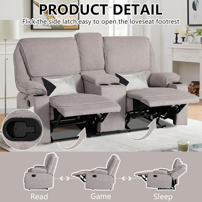 Loveseat Recliner, RV Reclining Loveseat, Home Theater Seating, Manual Loveseat with Console, 4 Cup Holders, 2-Seater Recliner Sofa, RV Furniture (Light Grey, Loveseat with Console)