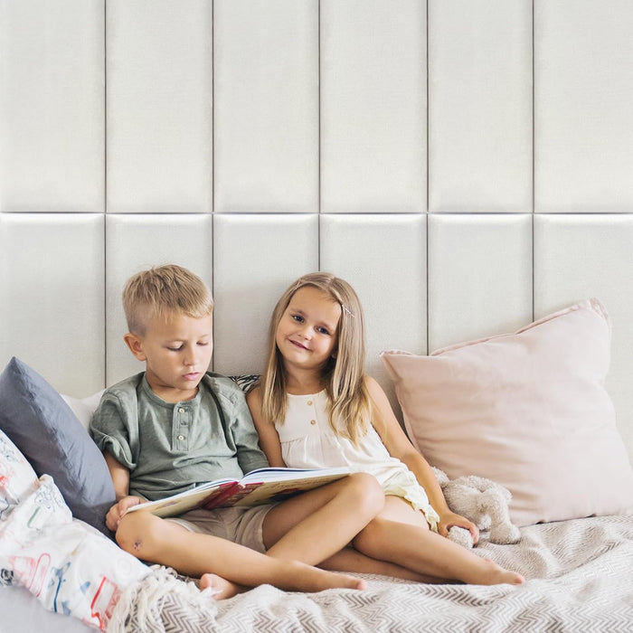 Peel and Stick Headboard for King, Full and Queen in Velvet Pearl, Pack of 12 Panels Sized 9.84" X 23.62", Soundproof Upholstered 3D Wall Panels