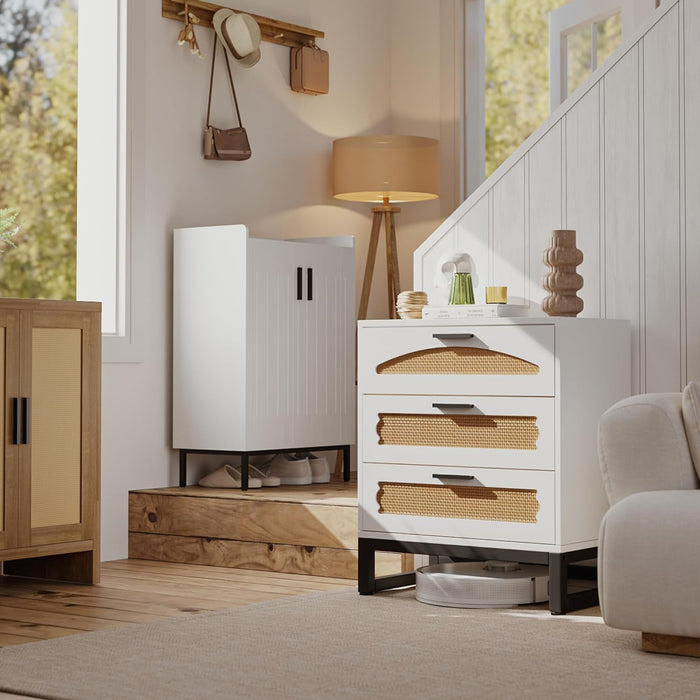 White Rattan Dresser With Industrial Metal Handles