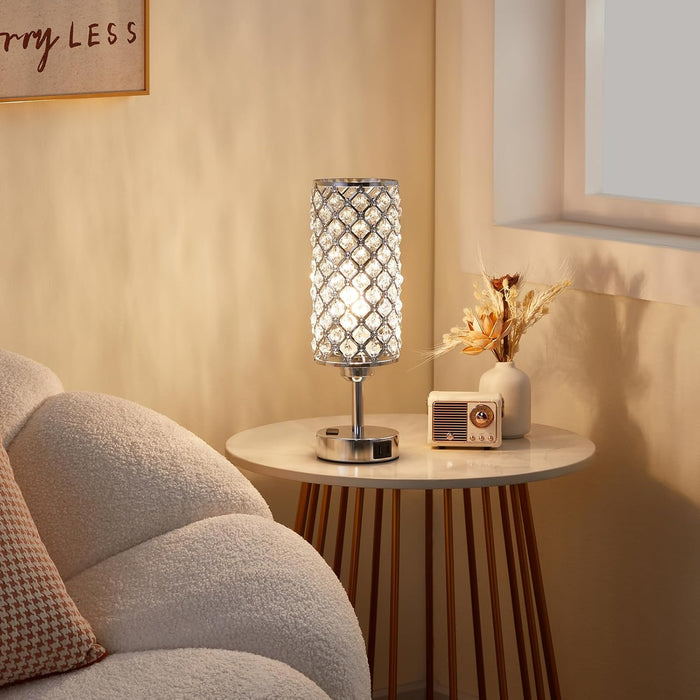 Crystal Lamp Touch Control Set of 2, Sliver Crystal Table Lamps with USB C+A Ports & AC Outlet, 3-Way Dimmable Nightstand Touch Lamp, Modern Bedside Table Lamp for Bedroom(Bulbs Included)