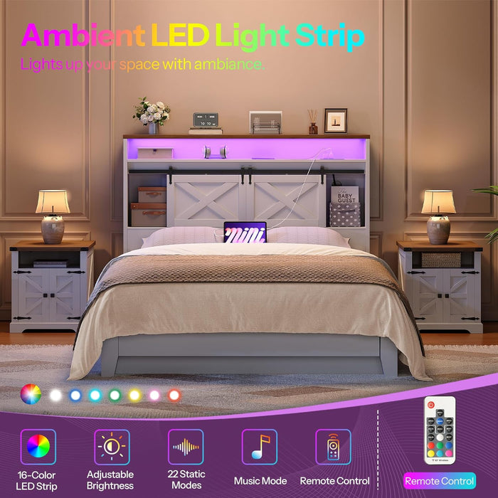 Headboard Queen Size with Storage, Farmhouse Queen Headboard Only with Charging Station and LED Lights, Bookcase Headboards with Flip-Down Drawer, Sliding Barn Doors, White and Walnut