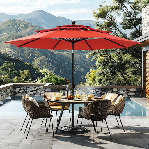 10Ft 3 Tier Auto-Tilt Patio Umbrella,Wind Resistent,Outdoor Patio Umbrellas Double Vented Umbrella with Crank for Pool Garden Backyard, Red