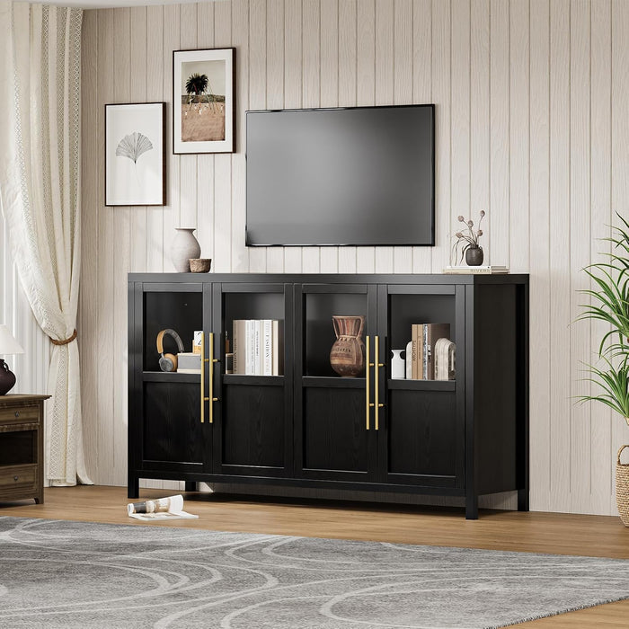 Sideboard Buffet Cabinet with 4 Glass Doors, 55 in Buffet Table Coffee Bar Wine Bar Display Cabinet for Kitchen Dining Room, Living Room (Glass with 4 Doors, Dark)