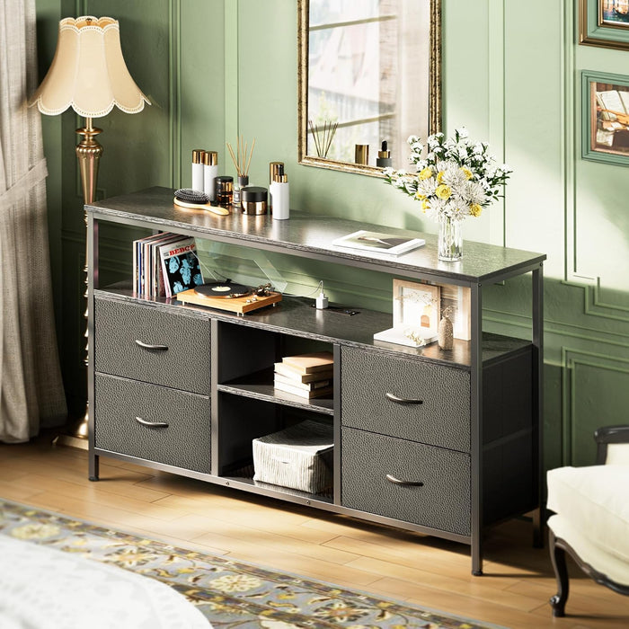 47 Inch TV Stand Dresser with Power Outlets and LED Lights, Fabric Dresser for Bedroom with Storage, 4 Drawers Entertainment Center with Open Shelf, Media Console for 55 50 Inch TV, Black
