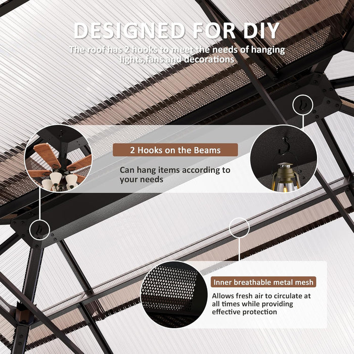 12x16 Brown Gazebo Polycarbonate Roof Aluminum Frame