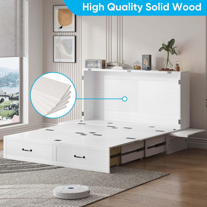 Murphy Bed, Queen Size Cabinet Bed with USB Ports & 2 Large Drawers, Hidden Guest Beds with Tri-Folding Mattress, Multifunctional Adult Murphy Cube Beds for Guest Room Bedroom Offices, White